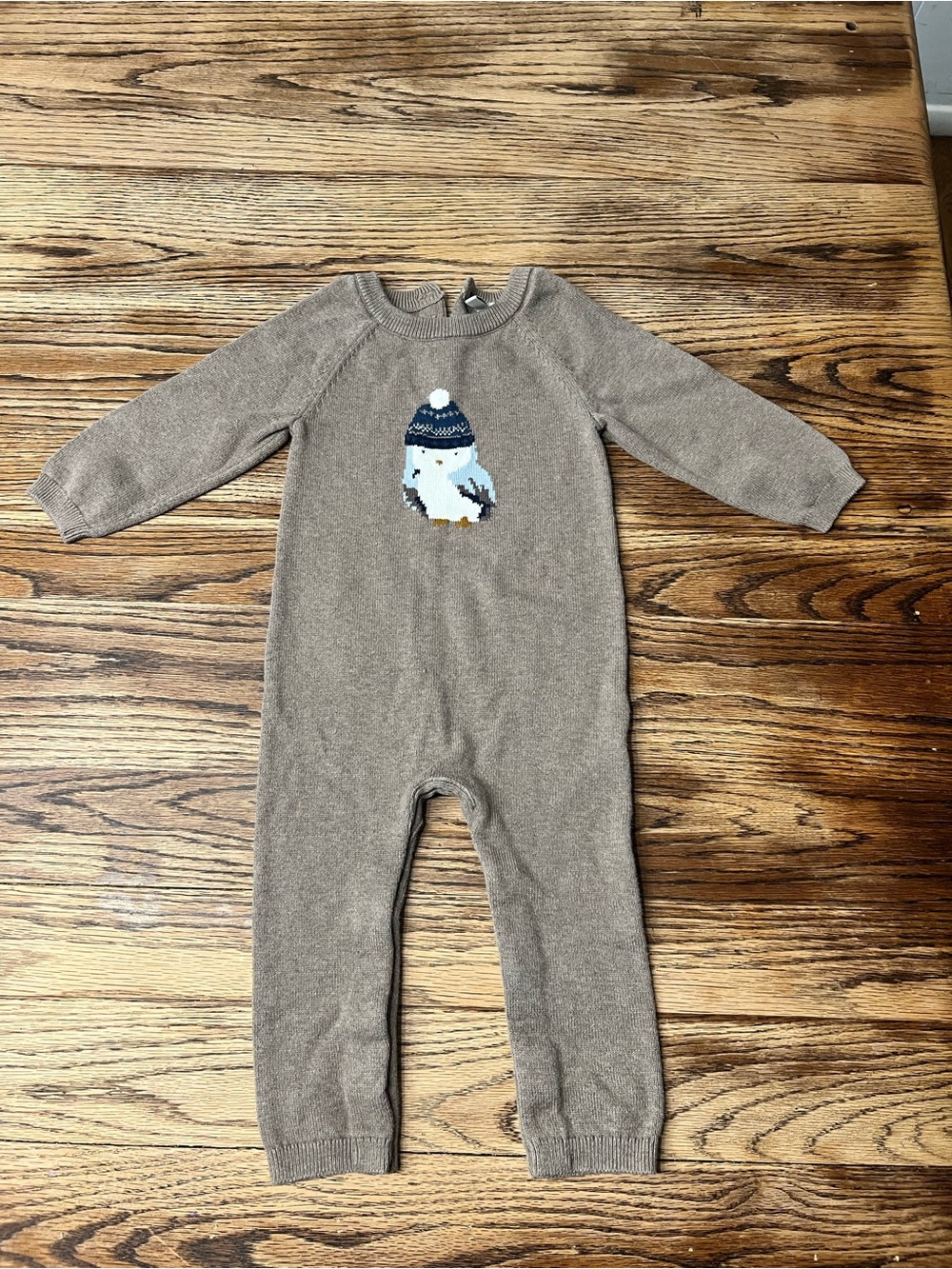 Janie and Jack Brown Knit One-Piece with Penguin Motif